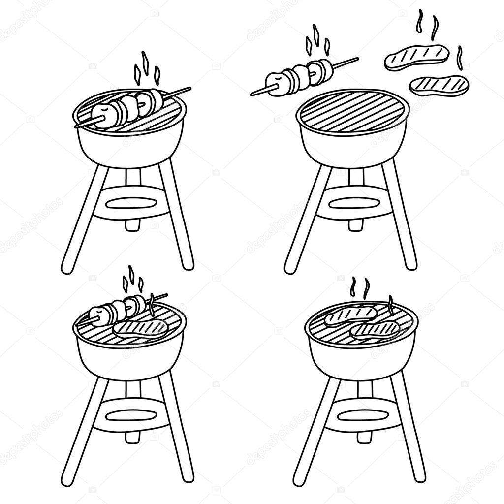 Grilled meat and vegetables. Hand drawn vector illustration of barbecue set in doodle style on white background. Isolated black outline. Camping and bbq equipment.