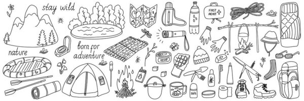 Big set of vector illustrations of tourism and camping equipment in doodle style on white background. Isolated black outline. Hand drawn elements or icons for summer camp, coloring books, posters. 