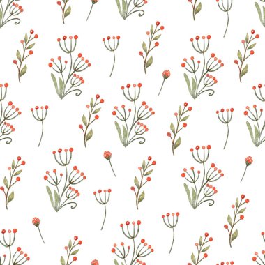 Bitkiler ve böğürtlenlerle kusursuz desen. Beyaz arka planda elle boyanmış suluboya resimler. Kumaşlar, ambalaj kağıtları, duvar kağıtları, örtüler için harika. Kırmızı ve yeşil renkler.