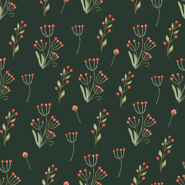 Seamless Pattern Plants Berries Hand Painted Watercolor Illustration Dark Green — Stock Photo, Image