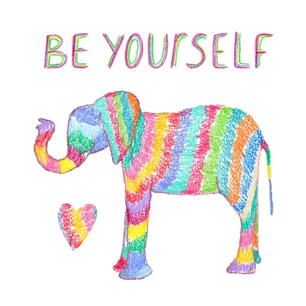 Hand Drawn Illustration Colorful Elephant Yourself Lettering Isolated White Pastel — Stock Photo, Image