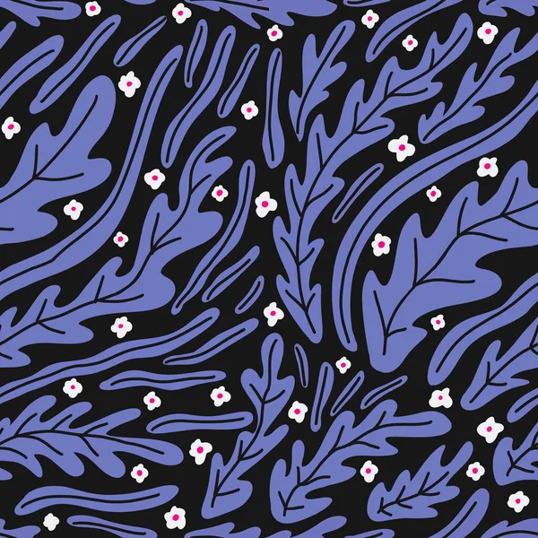 Abstract  seamless pattern with deep blue leaves and little flowers on dark background. Hand drawn illustration. Great print for fabric, wrapping papers, wallpapers, phone cases, covers.