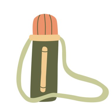 Beyaz arka planda izole edilmiş yürüyüş için kullanılan termos şişesinin elle çizilmiş düz vektör çizimi. Kamp ve turizm ekipmanları. 