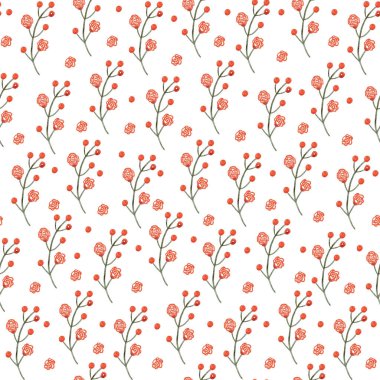 Dalları ve küçük kırmızı çiçekleri olan güzel, pürüzsüz bir desen. Beyaz arka planda elle boyanmış resimler. Kumaşlar, ambalaj kağıtları, duvar kağıtları, kapaklar için harika..