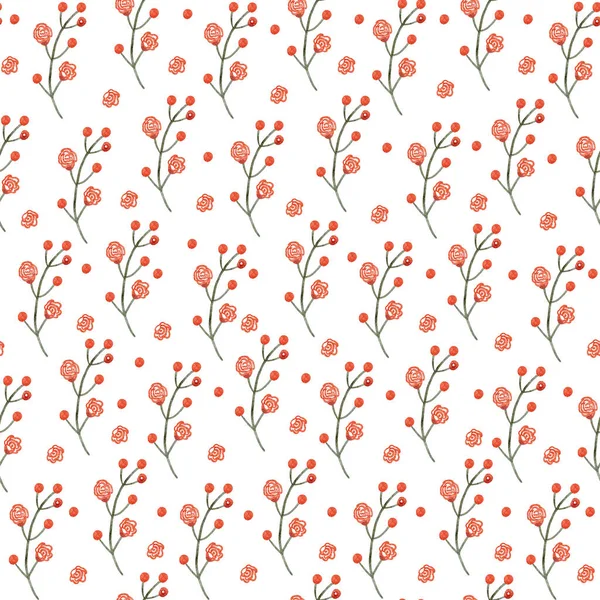 Dalları Küçük Kırmızı Çiçekleri Olan Güzel Pürüzsüz Bir Desen Beyaz — Stok fotoğraf