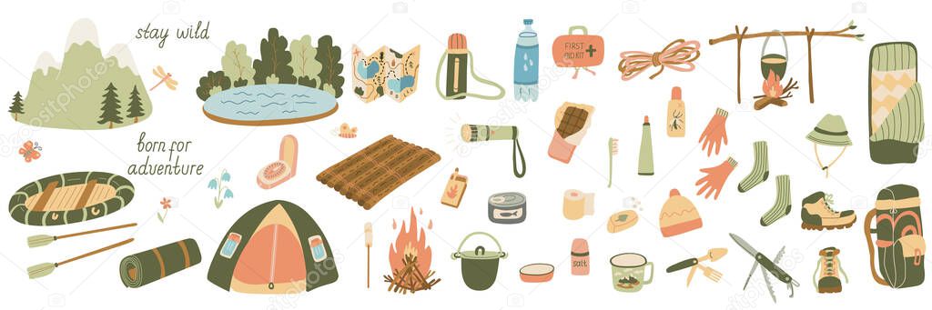 Big set of vector illustrations of tourism and camping equipment in flat style.  Hand drawn isolated elements or icons for summer camp brochure,  posters.