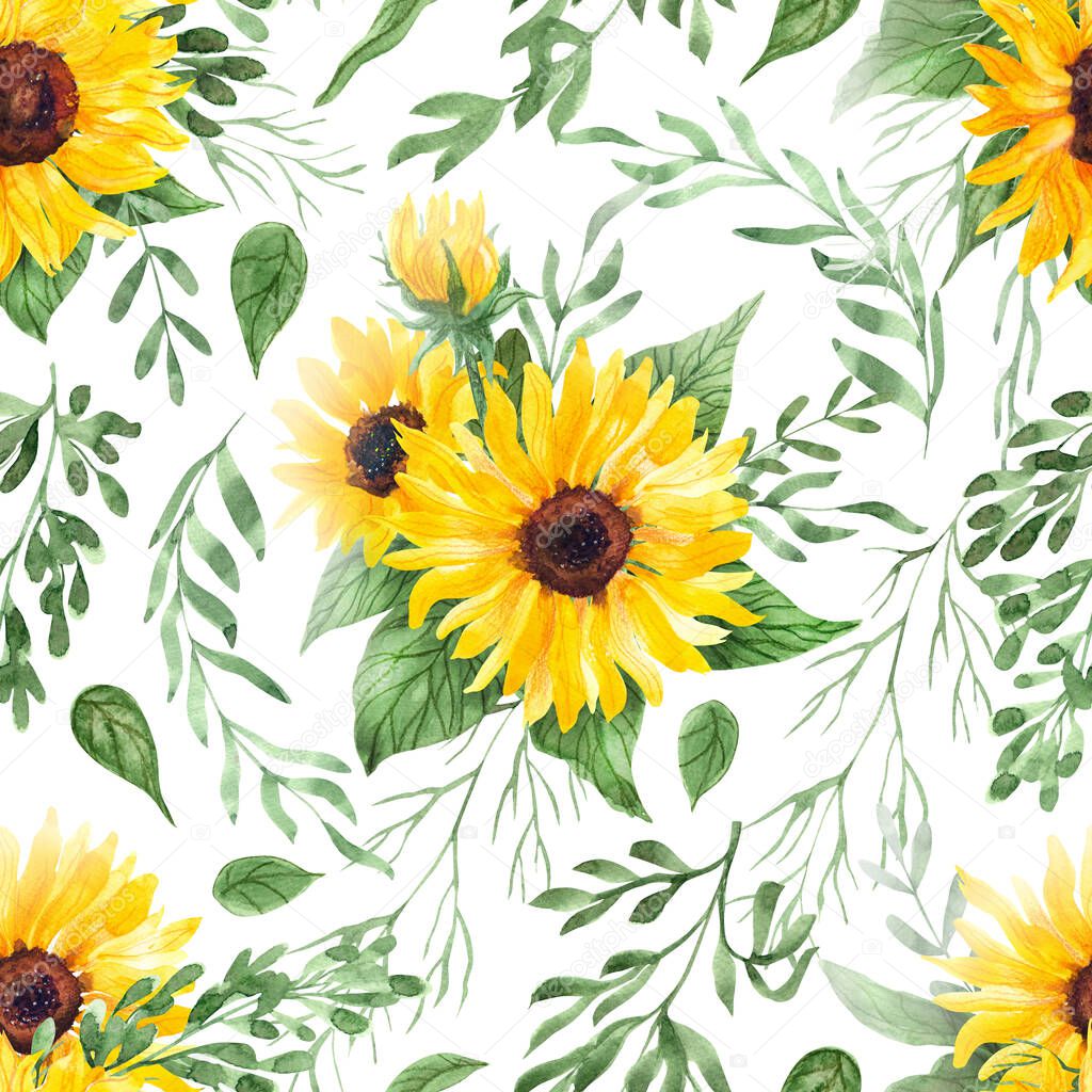 Beautiful seamless pattern with bright sunflowers, herbs and leaves. Hand painted watercolor illustration on white . Great for fabrics, wrapping papers, wallpapers, covers. Summer textile print.