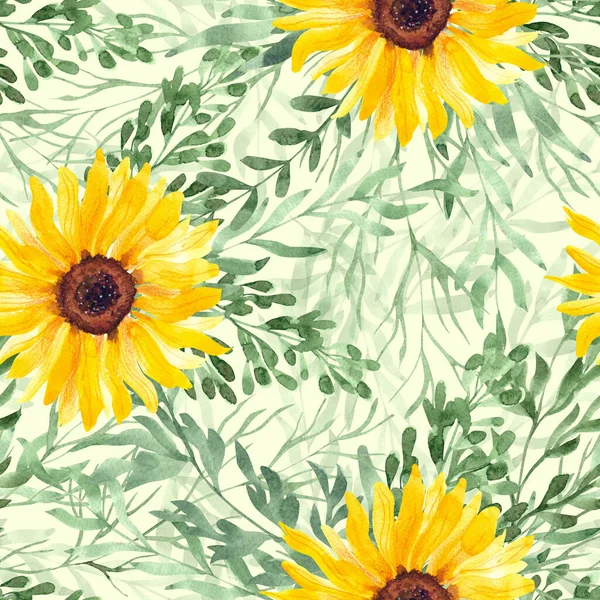 Beautiful Watercolor Seamless Pattern Bright Sunflowers Herbs Leaves Hand Painted — Stock Photo, Image