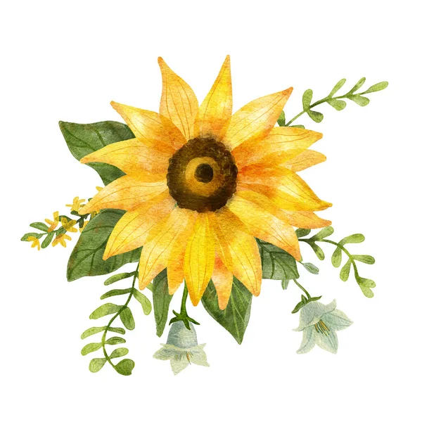 Acquerello Disposizione Floreale Con Girasole Fiori Foglie Estive Illustrazione Digitale — Foto Stock