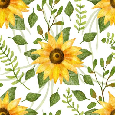 Parlak ayçiçekleri, bitkiler ve yapraklarla kusursuz bir yaz düzeni. Beyaz üzerine dijital suluboya çizimi. Kumaşlar, ambalaj kağıtları, duvar kağıtları, örtüler için harika. Güzel tekstil baskısı.
