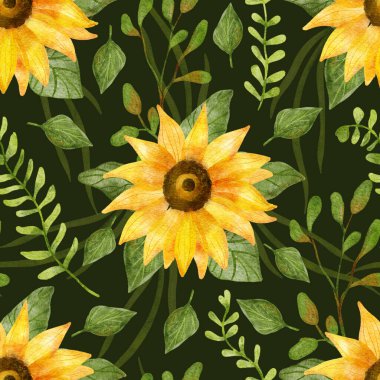 Parlak ayçiçekleri, otları ve yaprakları olan kusursuz bir desen. Koyu yeşil üzerine dijital suluboya çizimi. Kumaşlar, ambalaj kağıtları, duvar kağıtları, örtüler için harika. Yaz tekstil baskısı.