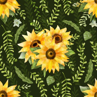 Parlak ayçiçekleri, otları ve yaprakları olan kusursuz bir desen. Koyu yeşil üzerine dijital suluboya çizimi. Kumaşlar, ambalaj kağıtları, duvar kağıtları, örtüler için harika. Yaz tekstil baskısı.