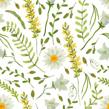 Kır çiçekleri, otlar ve yapraklarla kusursuz bir desen. Beyaz arka planda dijital suluboya çizimi. Kumaşlar, ambalaj kağıtları, duvar kağıtları, örtüler için harika. Yaz tekstil baskısı.