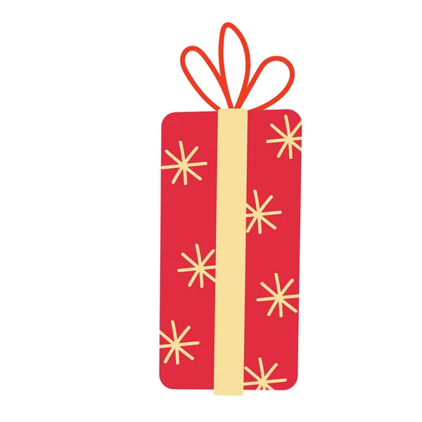 金の雪の結晶で飾られたクリスマスの赤いギフトボックス ベクトル手描き平イラスト 赤と黄色の色 新年のために素晴らしい クリスマスカード — ストックベクタ