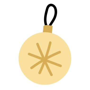 Kar tanesiyle süslenmiş, altın sarısı bir Noel topu. El çizimi vektör çizimi beyaza izole edildi. Noel ve yeni yıl tebrik kartları ve posterleri için harika..