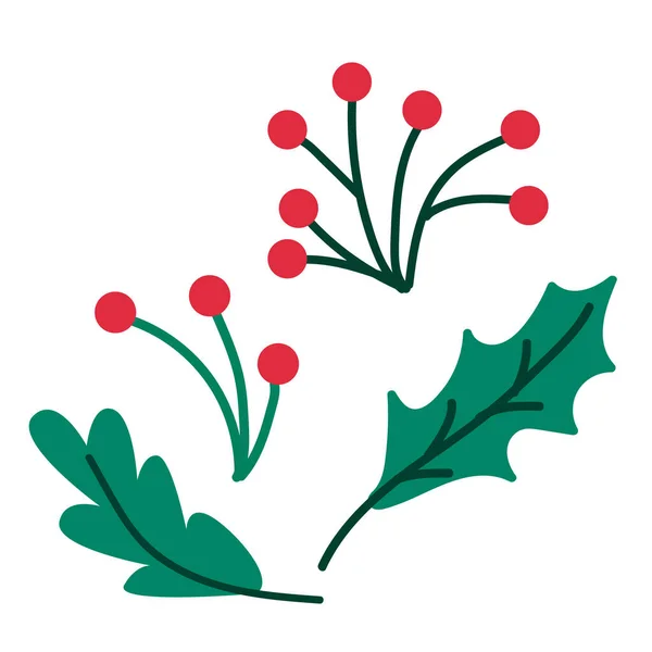 Set Navidad Con Planta Acebo Bayas Rojas Ilustración Dibujada Mano — Vector de stock