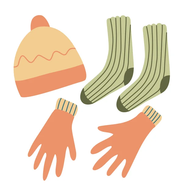 Winter Clothing Accessories Gloves Hat Socks Hand Drawn Flat Vector — Archivo Imágenes Vectoriales