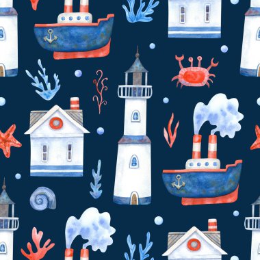 Gemiler, yengeçler, denizyıldızları, deniz evleri, deniz yosunları ve deniz fenerleriyle suluboya desenleri. Kumaşlar, ambalaj kağıtları, duvar kağıtları, çarşaflar, oyun odaları için harika. Elle boyanmış resim