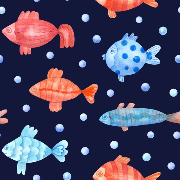 Watercolor Seamless Pattern Colorful Fish Pearls Navy Blue Background Underwater — Stock Photo, Image