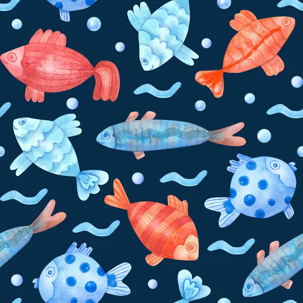 Watercolor Seamless Pattern Colorful Fish Waves Pearls Navy Blue Underwater — Stock Photo, Image