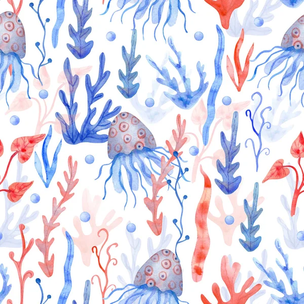 Watercolor seamless pattern with seaweeds, jellyfish and pearls on white background. Underwater life hand painted illustration. Red and blue colors.