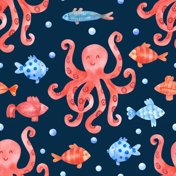 水彩斑斓的无缝图案 带着笑脸的章鱼 珍珠和深蓝色背景的五彩斑斓的鱼 水下生命手绘插图 漂亮的纺织品印品 — 图库照片