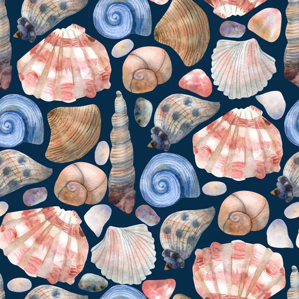 Beautiful Seamless Pattern Seashells Hand Painted Watercolor Illustration Deep Blue — Stock Photo, Image