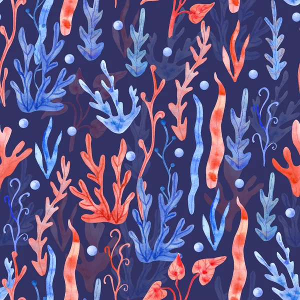水彩斑斓 蓝底上有海藻和珍珠 水下植物手绘插图 红色和蓝色 — 图库照片