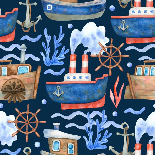 Watercolor Seamless Pattern Ships Steering Wheels Sea Waves Navy Blue — Stock Photo, Image