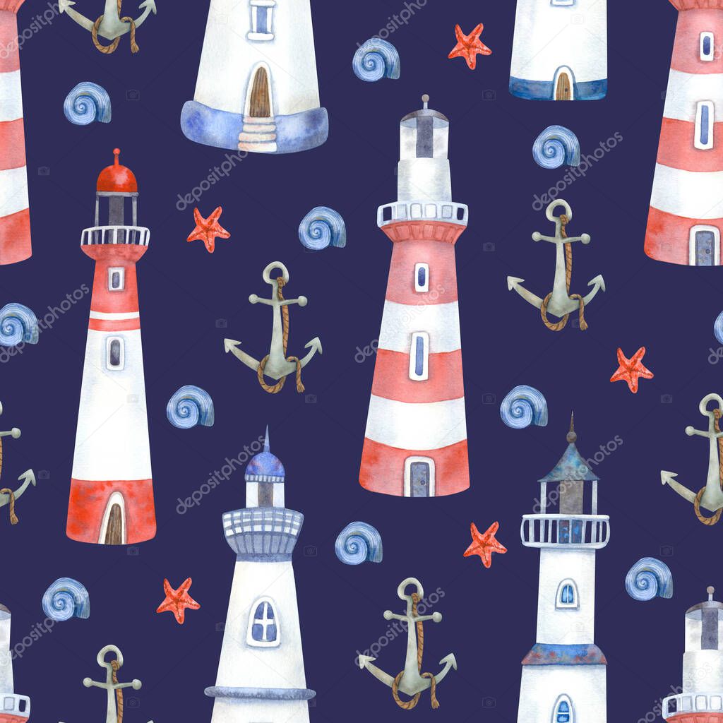 Watercolor seamless pattern with  lighthouses and anchor on navy blue. Beautiful textile print. Great for fabrics, wrapping papers, wallpapers, playrooms, kids clothes. Hand painted illustration