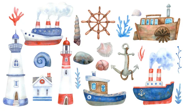 白い背景に蒸気船と水の色の航海セット 手描きイラスト 青の色 — ストック写真