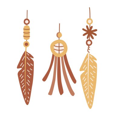 Noel mücevherleri. Boncuklarla süslenmiş güzel tüyler. Beyaz arkaplanda izole edilmiş vektör el çizimi. Tebrik kartları için harika. Boho Toprak tonları.