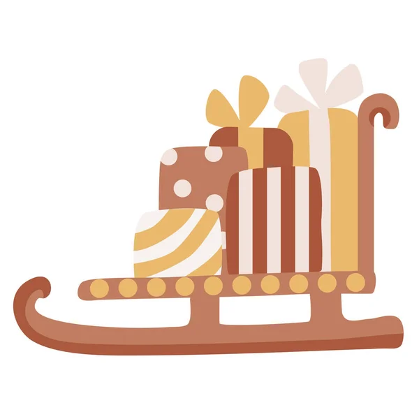 圣诞圣诞老人的雪橇上有礼品盒 上面装饰着彩带弓 在白色背景上孤立的矢量手绘图解 很好的贺卡 Boho土音 — 图库矢量图片