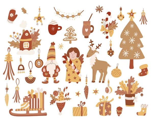 Set Navidad Con Adornos Boho Lindo Ángel Reno Gnomo Dulces — Vector de stock