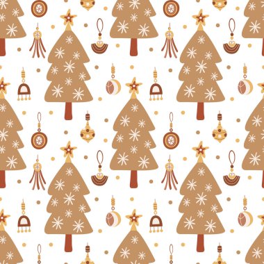 Noel ağaçları ve beyaz süs eşyalarıyla kusursuz bir desen. Kumaşlar, ambalaj kağıtları, kapaklar için harika. Toprak tonlarında elle çizilmiş düz çizim.