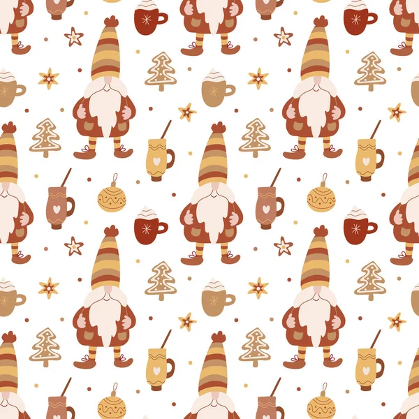 Vector Christmas Seamless Pattern Gnomes Cute Mugs Gingerbread Stars White — Stock Vector