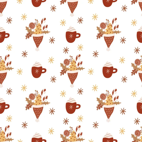 かわいいコーヒーカップ 白いお菓子や雪の結晶とサンタの帽子とベクトルクリスマスシームレスパターン 包装紙 カバーに最適です アーストーンで手描きのフラットイラスト — ストックベクタ