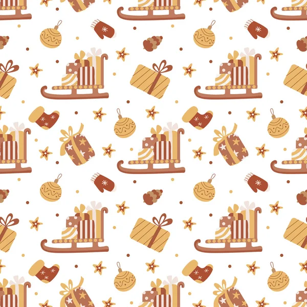 Vector Boho Nahtloses Muster Mit Weihnachtskugeln Geschenkschachteln Socken Weihnachtsschlitten Und — Stockvektor