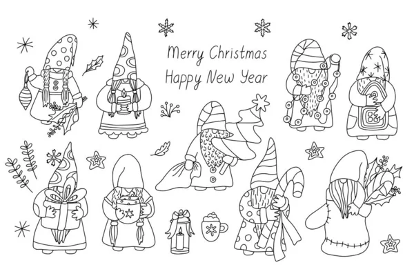 Set Funny Christmas Gnomes Decorations Doodle Hand Drawn Illustration Isolated — Stock Vector