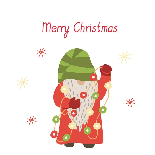 Merry Christmas Card Gnome Garland Vector Illustration Isolated White Red — Stock Vector