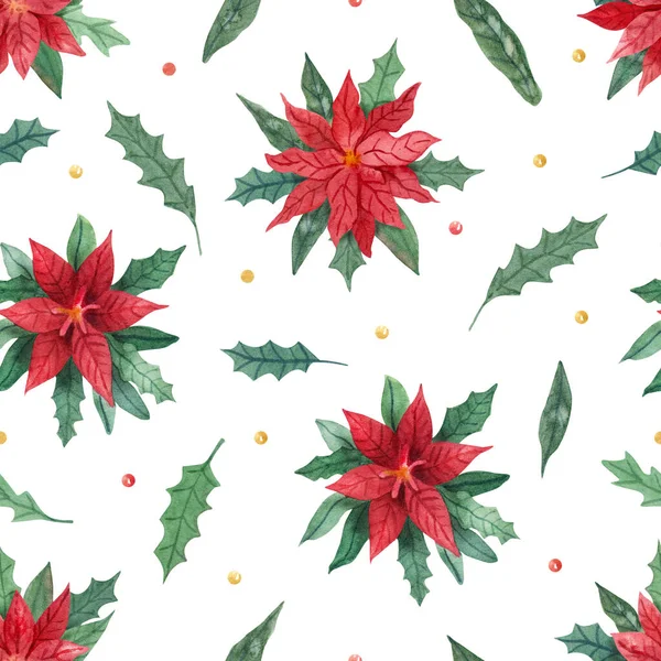 Watercolor Seamless Pattern Poinsettia Flowers Leaves Holly White Christmas Plants — Stock Photo, Image