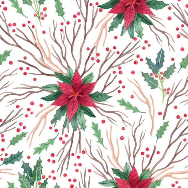 Watercolor Seamless Pattern Poinsettia Flowers Tree Branches Leaves Holly Berries — Stock Photo, Image
