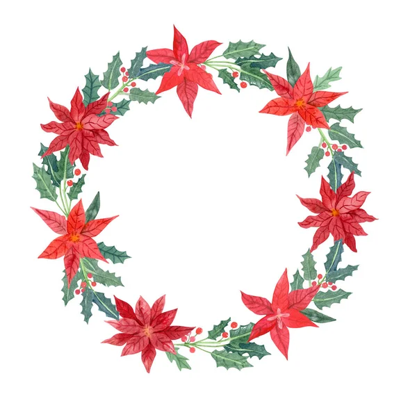 Watercolor Wreath Poinsettia Flowers Leaves Holly Berries Christmas Plants Hand — Stock Photo, Image