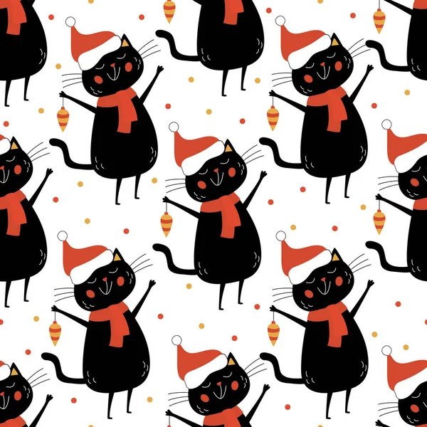 Noel süsleri tutan, Noel Baba şapkaları ve kırmızı eşarplar takan sevimli siyah kedilerle şenliksiz bir şablon. Bayram ambalaj kağıdı, parti dekorasyonu, tekstil veya hediye tasarımları için mükemmel.