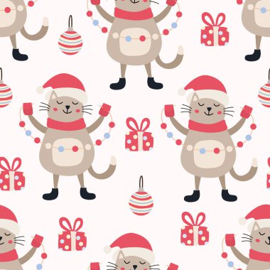 Noel Baba kostümlü komik kedi, çelenk ışıkları, hediye kutusu ve süslemeleri olan kusursuz bir Noel deseni. Tatil kağıtları ve tekstil ürünleri için mükemmel.