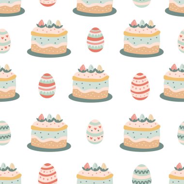 Süslü Paskalya yumurtaları ve beyaz arka planda keklerle kusursuz bir desen. Elle çizilmiş düz biçim vektör illüstrasyonu, ambalaj kağıdı için pastel renkler, şenlikli tekstil