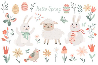 Bahar ve Paskalya zirvesi şirin tavşanlar, kuzular, süslü yumurtalar, çiçekler, kuşlar ve kelebekler ile ayarlandı. Tebrik kartları, yapıştırma kitabı, çıkartmalar, davetiyeler ve şenlikli dekorasyonlar için mükemmel.