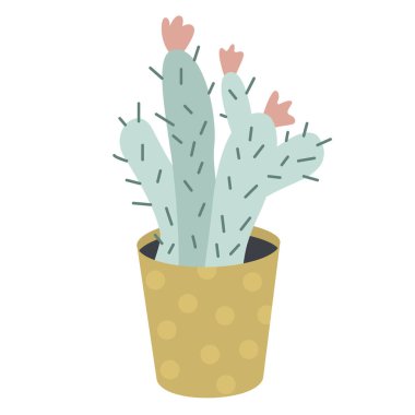 Elle çizilmiş kaktüs ve çiçekler. Ev dekorasyonu, ev bitkisi, boho iç dekorasyonu, çöl botaniği, minimal çalışma alanı ve konforlu tasarımlar için yumuşak pastel düz vektör çizimi.