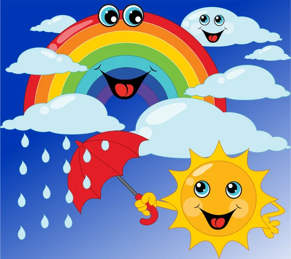 Carte enfant soleil, arc-en-ciel, parapluie, nuage — Image vectorielle
