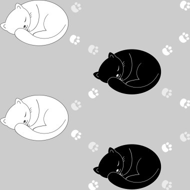 Kedi siyah ve beyaz ile Seamless modeli. Vektör çizim
